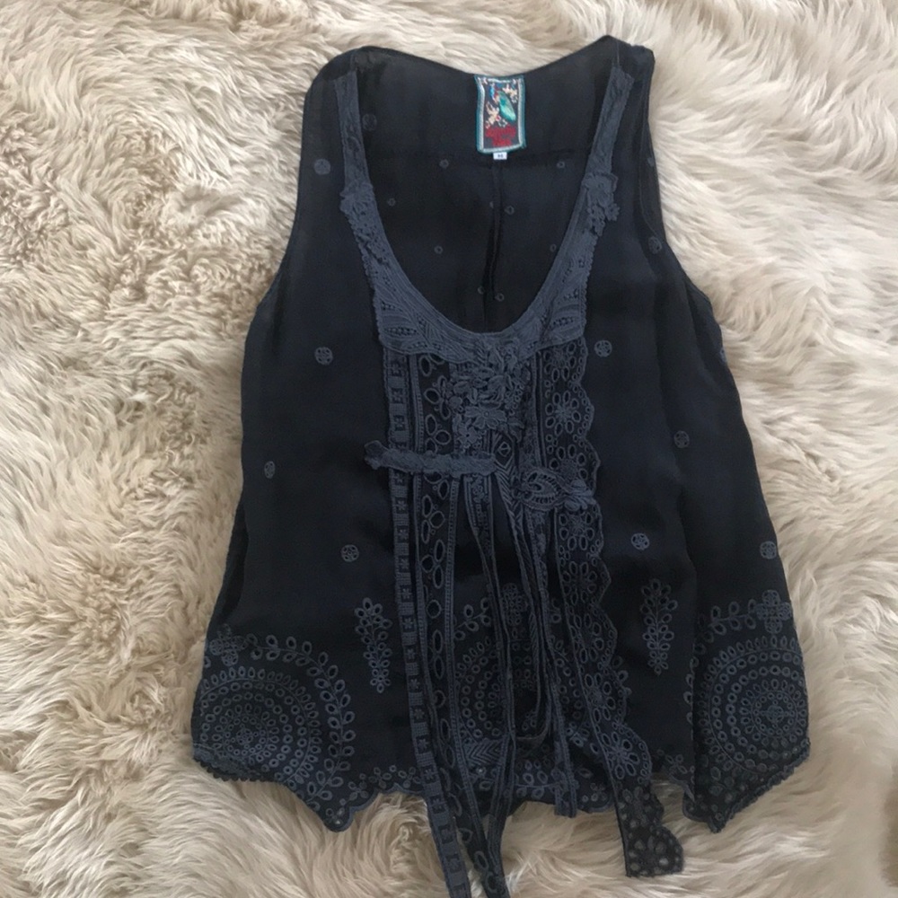 Johnny Was embroidered navy sleeveless blouse